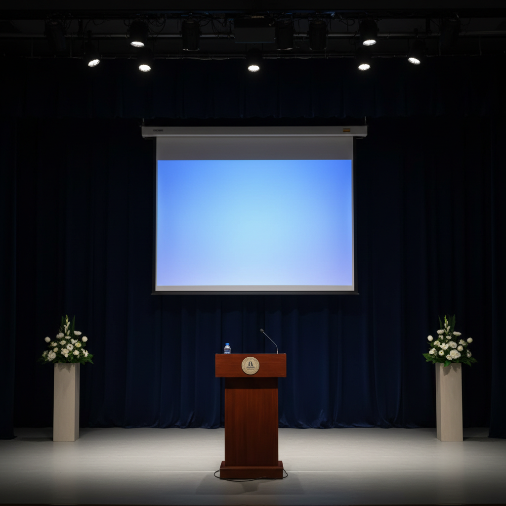 Fotografía realista de un escenario universitario formal dispuesto para una conferencia magistral, completamente vacío. Un atril de madera oscura pulida se ubica al centro, con un micrófono discreto y una pequeña botella de agua. Detrás, un telón de fondo en tela azul marino sin logos se combina con una pantalla de proyección rectangular mostrando un degradado suave en tonos azules y blancos. A los lados, arreglos florales minimalistas en blanco y verde sobre pedestales claros dan un toque solemne. Iluminación escénica profesional con focos superiores que bañan el atril y el centro del escenario, dejando el resto ligeramente más oscuro, generando un punto focal claro. Enfoque nítido, toma frontal ligeramente elevada. Sensación de expectativa, seriedad y relevancia académica, idónea para la sección de conferencistas magistrales.
