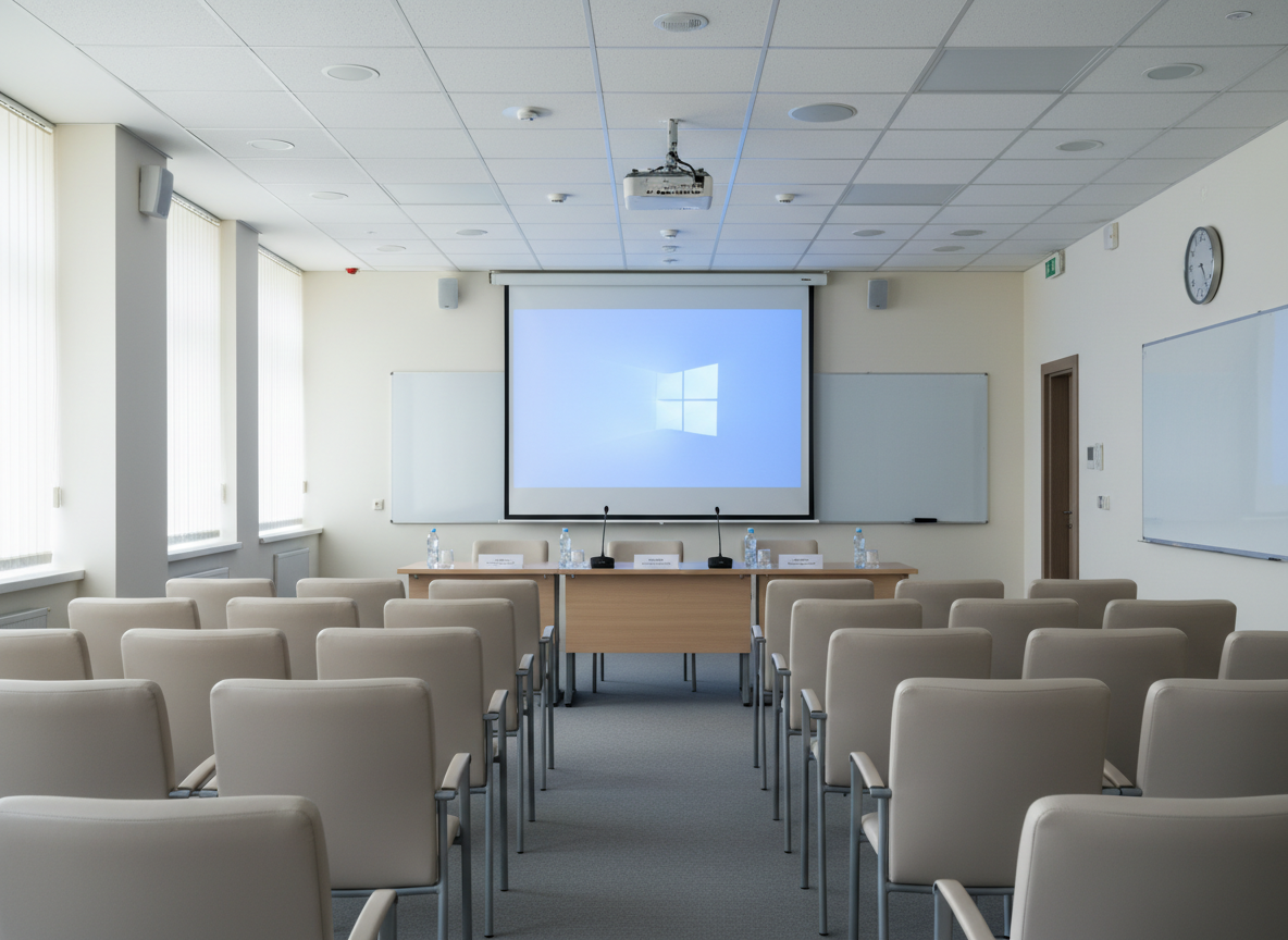 Fotografía realista de una sala de conferencias de tamaño mediano en una universidad, completamente preparada pero vacía. En el frente, una pantalla de proyección blanca luminosa con un proyector de techo encendido proyectando un fondo abstracto azul sin texto. Debajo, una mesa de madera clara con tres micrófonos de base metálica, botellas de agua transparentes y pequeños letreros en blanco sin inscripción. Las sillas acolchadas están dispuestas en filas rectas, todas orientadas hacia la pantalla. En una pared lateral se aprecia discretamente una pizarra blanca inmaculada y un reloj moderno. La iluminación es clara y uniforme, combinando luz día de ventanas laterales con luz fría de plafones, creando un ambiente concentrado y académico. Enfoque nítido en toda la sala, encuadre ligeramente elevado para mostrar la distribución del espacio.