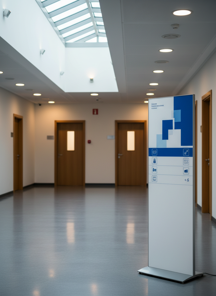 Imagen fotográfica detallada de un panel de señalización interior para un congreso académico dentro de un edificio universitario, sin texto legible. Un tótem vertical de diseño minimalista en tonos blanco y azul se ubica en un pasillo amplio de piso pulido gris. Sobre la superficie del tótem se distinguen íconos abstractos y bloques de color que sugieren un programa y salas, pero sin palabras claras. Al fondo, puertas de madera con pequeñas ventanas de cristal esmerilado indican distintas salas. Luz natural entra de un tragaluz superior, mezclándose con iluminación empotrada cálida, creando reflejos suaves en el suelo. Composición en regla de tercios, con el tótem en primer plano y profundidad marcada hacia el pasillo. Ambiente organizado, profesional y orientado a la orientación de asistentes al evento.