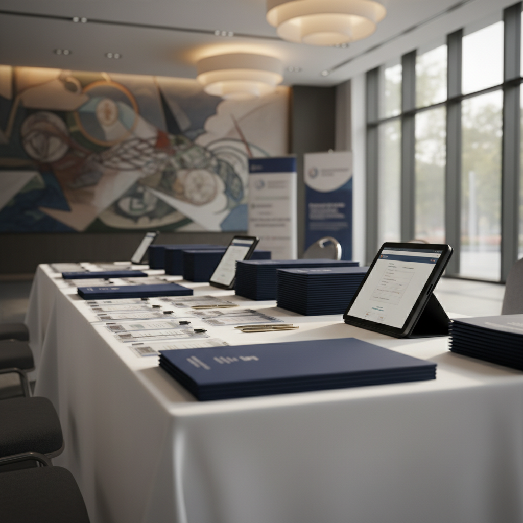 Imagen fotográfica realista de una mesa de registro para un congreso académico en un vestíbulo moderno, sin personas. Una mesa larga cubierta con mantel blanco liso sostiene carpetas azul marino perfectamente apiladas, gafetes plásticos transparentes alineados en filas, plumas metálicas ordenadas y un par de tablets negras encendidas mostrando discretas interfaces de formulario sin texto legible. Al fondo, un mural abstracto en tonos sobrios y señalética genérica de eventos, sin logotipos. Grandes ventanales dejan entrar luz natural suave de la mañana, que se mezcla con iluminación cálida de lámparas empotradas en el techo, generando reflejos sutiles sobre las superficies. Composición en regla de tercios, con profundidad moderada que mantiene claridad en los elementos clave. Ambiente profesional, organizado y acogedor, pensado para ilustrar la sección de registro.