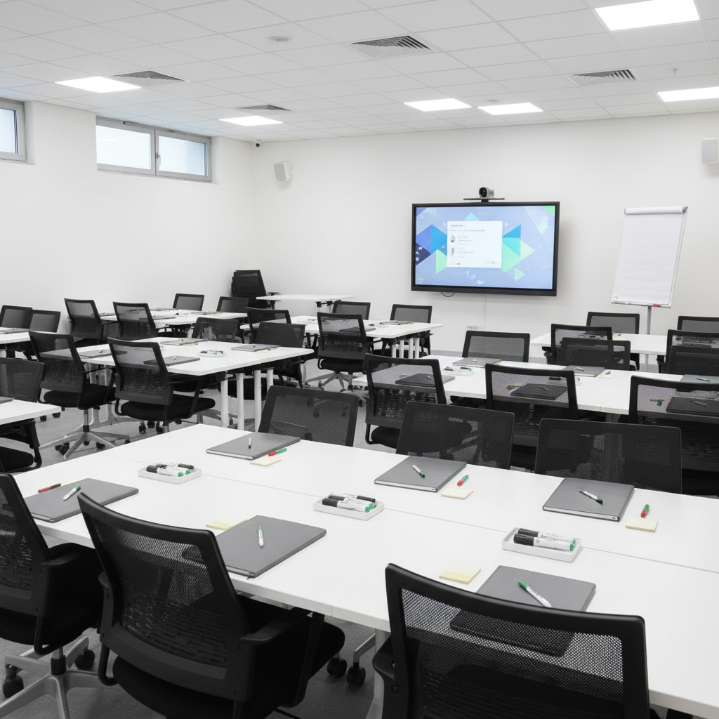 Imagen fotográfica realista de una sala pequeña preparada para talleres del congreso, sin personas. Varias mesas rectangulares blancas se agrupan en islas, cada una con laptops cerradas, libretas de tapa dura gris, marcadores y pequeños blocs de notas alineados. Sillas ergonómicas negras rodean cada mesa. Una pared frontal exhibe un panel interactivo digital encendido con una interfaz de presentación abstracta sin texto legible. En un costado, un soporte móvil sostiene hojas grandes de papel rotafolio en blanco. Luz blanca homogénea de luminarias de techo, reforzada por claridad suave de ventanas altas. Composición a nivel de ojos con ligera diagonal que guía la mirada a través de la sala. Atmósfera de preparación, colaboración y enfoque pedagógico, adecuada para ilustrar actividades paralelas y sesiones prácticas del programa académico.